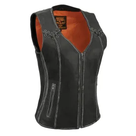 Milwaukee Leather MLL4526 Women's Distress Grey Leather Motorcycle Rider Vest- Stretch Side Panel W/ Lacing Detail