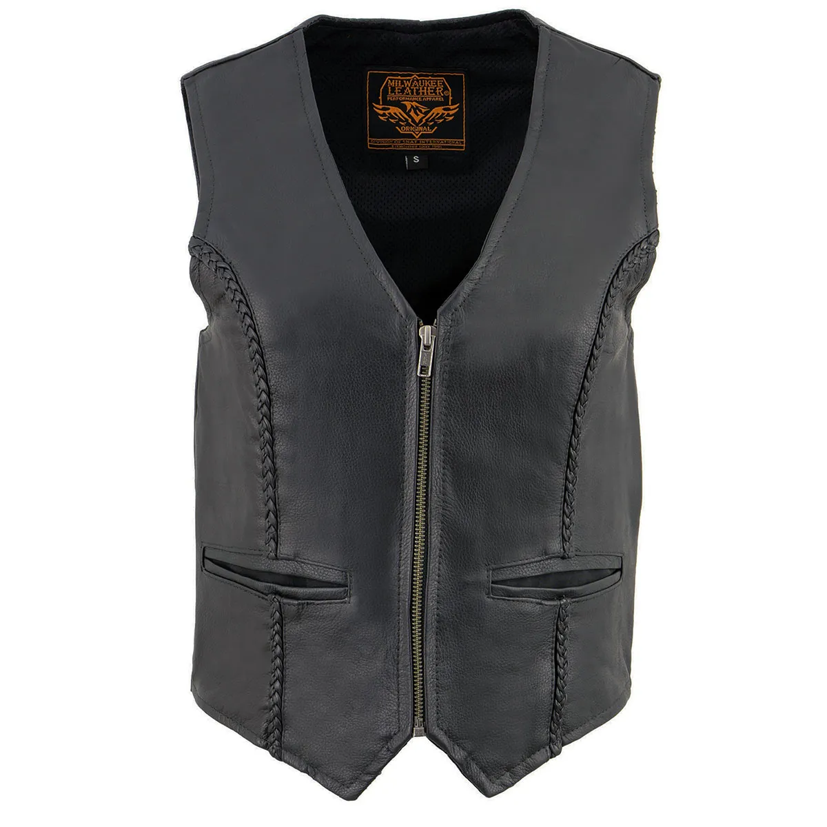 Milwaukee Leather SH1246Z Women's Black Leather Classic Braided Motorcycle Rider Vest with Front Zip Closure