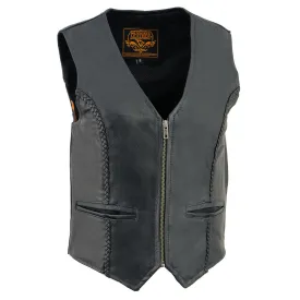 Milwaukee Leather SH1246Z Women's Black Leather Classic Braided Motorcycle Rider Vest with Front Zip Closure