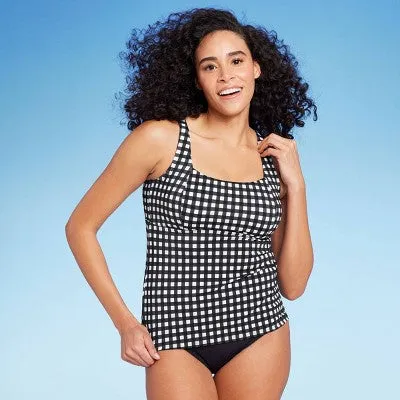 New - Lands' End Women's UPF 50 Underwire Square Neck Tankini Top - Black/White 12