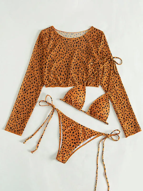 New swimwear long-sleeved mesh jacket ladies three-piece swimsuit leopard print sexy bikini