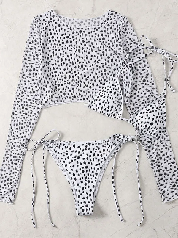 New swimwear long-sleeved mesh jacket ladies three-piece swimsuit leopard print sexy bikini