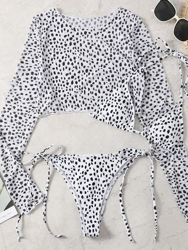 New swimwear long-sleeved mesh jacket ladies three-piece swimsuit leopard print sexy bikini