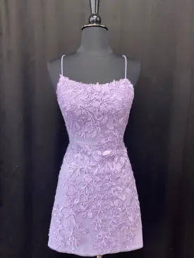 Open Back Purple Lace Short Prom Dresses, Backless Purple Homecoming Dresses, Purple Lace Formal Evening Dresses