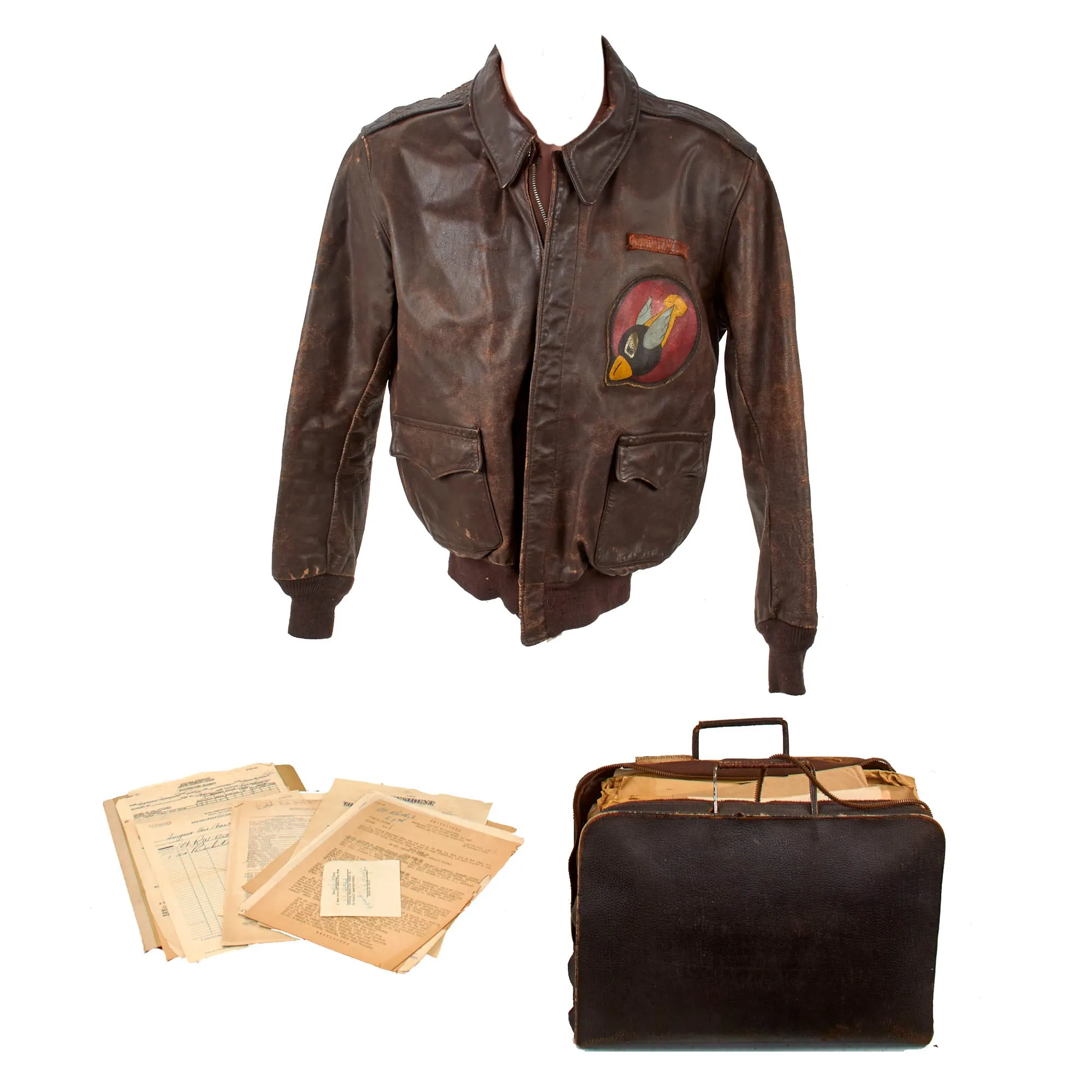 Original U.S. WWII 8th Air Force Flying 8-Balls Painted A-2 Leather Flight Jacket Named to Pilot Lt. Raymond Bethel, 44th Bombardment Group with Documents