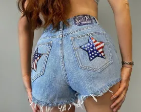 Patriotic Distressed High Waisted Denim Shorts  - American Flag Stars - The Eleanor