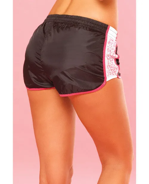 Pink Lipstick Sweat Sequin Running Short w/Built in Panty & Draw String Closure - Black