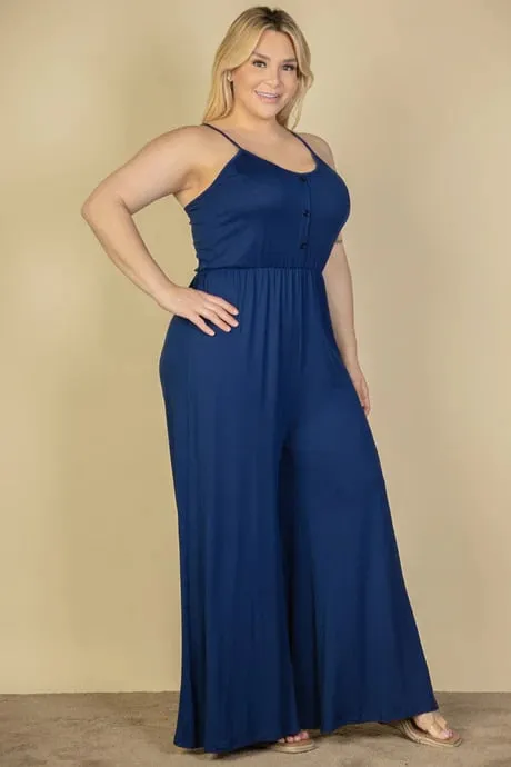 Plus size button front wide leg jumpsuit