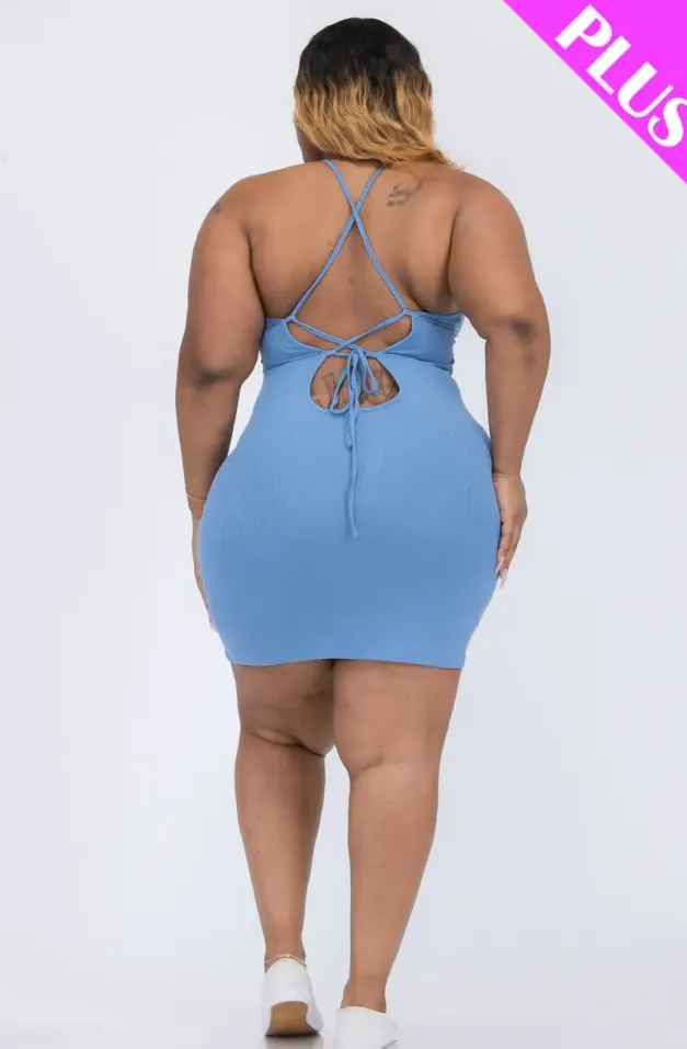 Plus Size Ribben Criss-cross  Tie Back Bodycon Dress