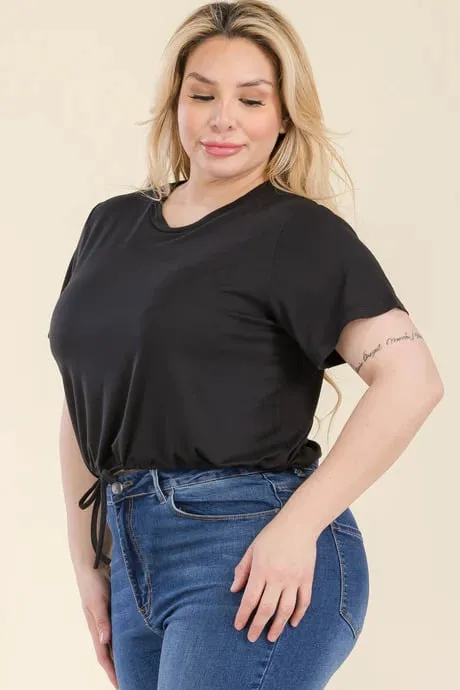 Plus size tie front drawstring short sleeve crop top