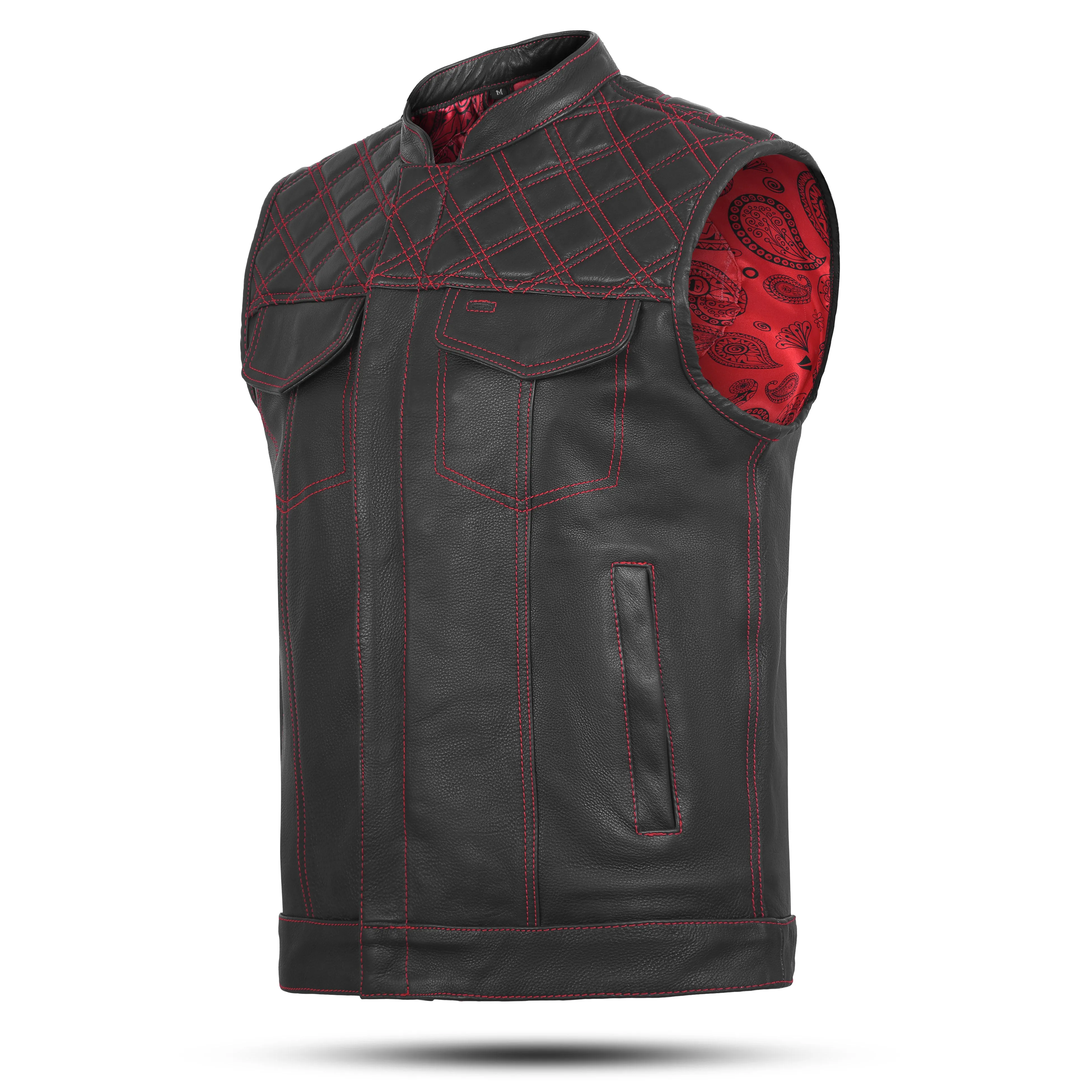 RED HL11693SPTRED Black Men Cross Stitch Club Leather Vest