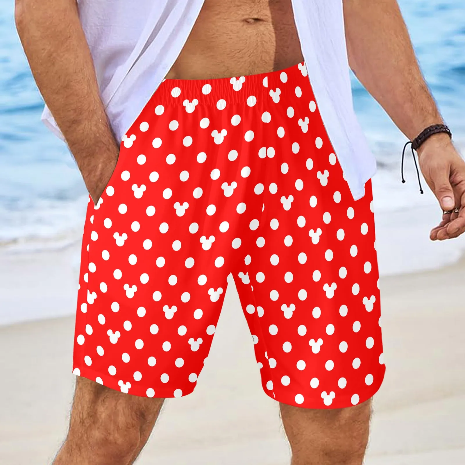 Red With White Mickey Polka Dots Men's Swim Trunks Swimsuit