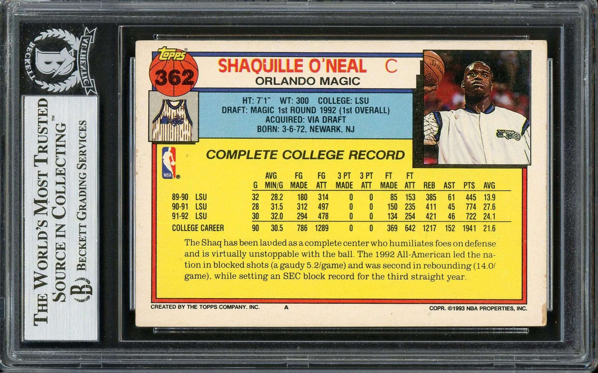 Shaquille Shaq O'Neal Autographed 1992-93 Topps Rookie Card #362 Orlando Magic (Off Condition) Beckett BAS #13020385