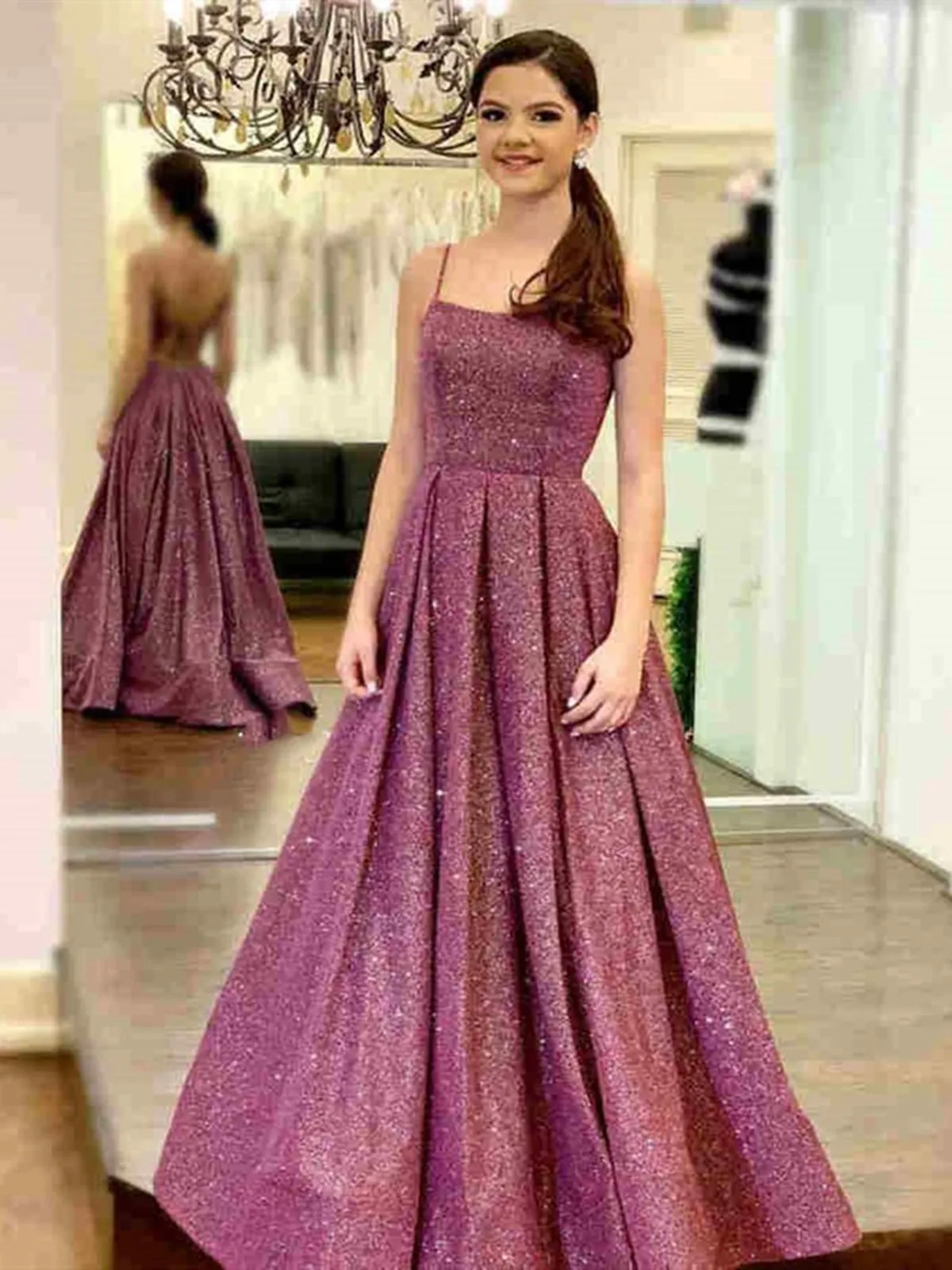 Shiny Open Back Purple Long Prom with Slit, Thin Strap Purple Long Formal Evening