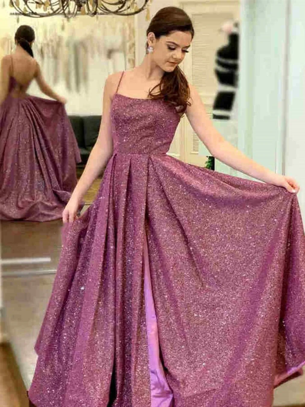 Shiny Open Back Purple Long Prom with Slit, Thin Strap Purple Long Formal Evening