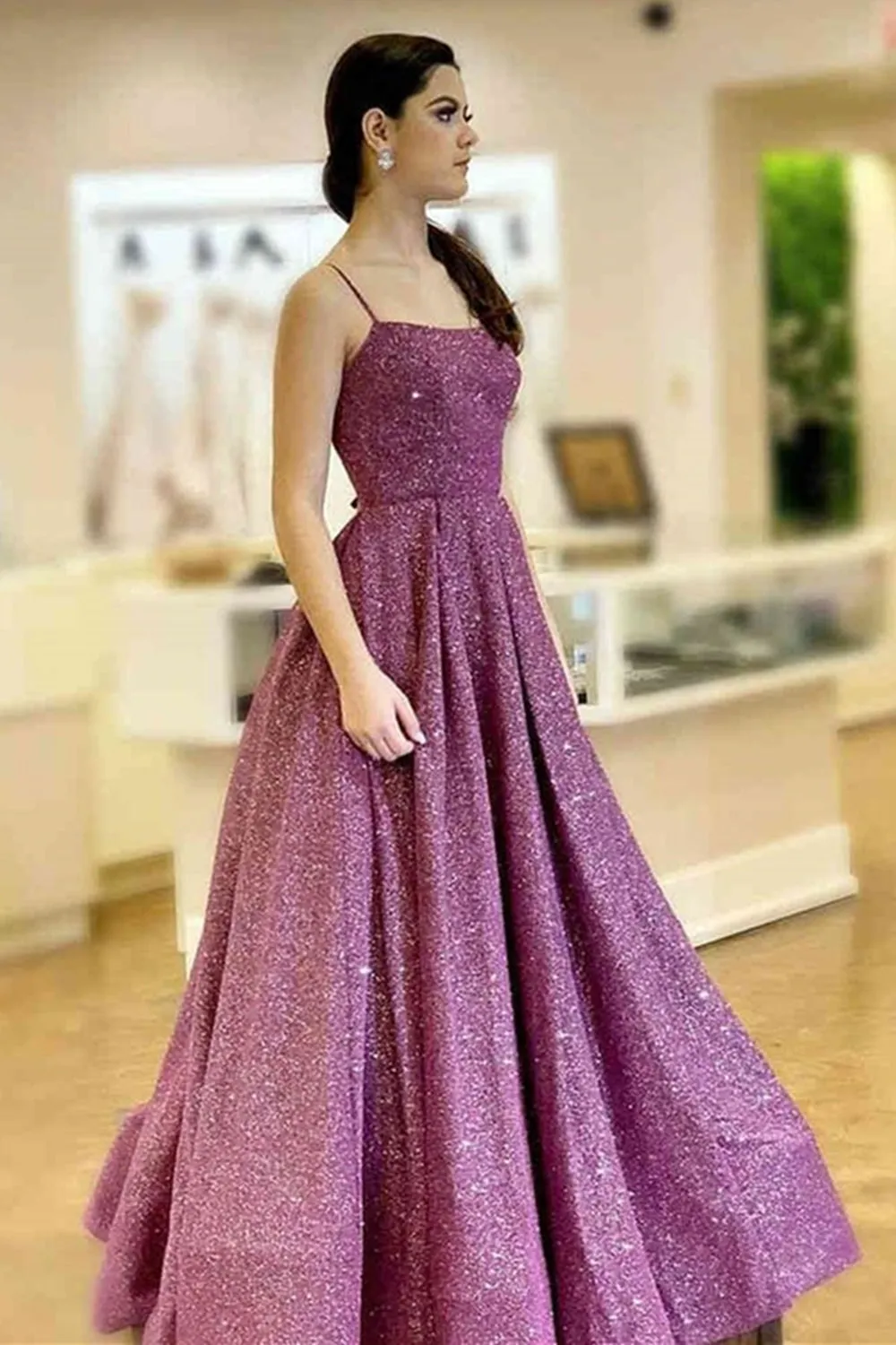 Shiny Open Back Purple Long Prom with Slit, Thin Strap Purple Long Formal Evening