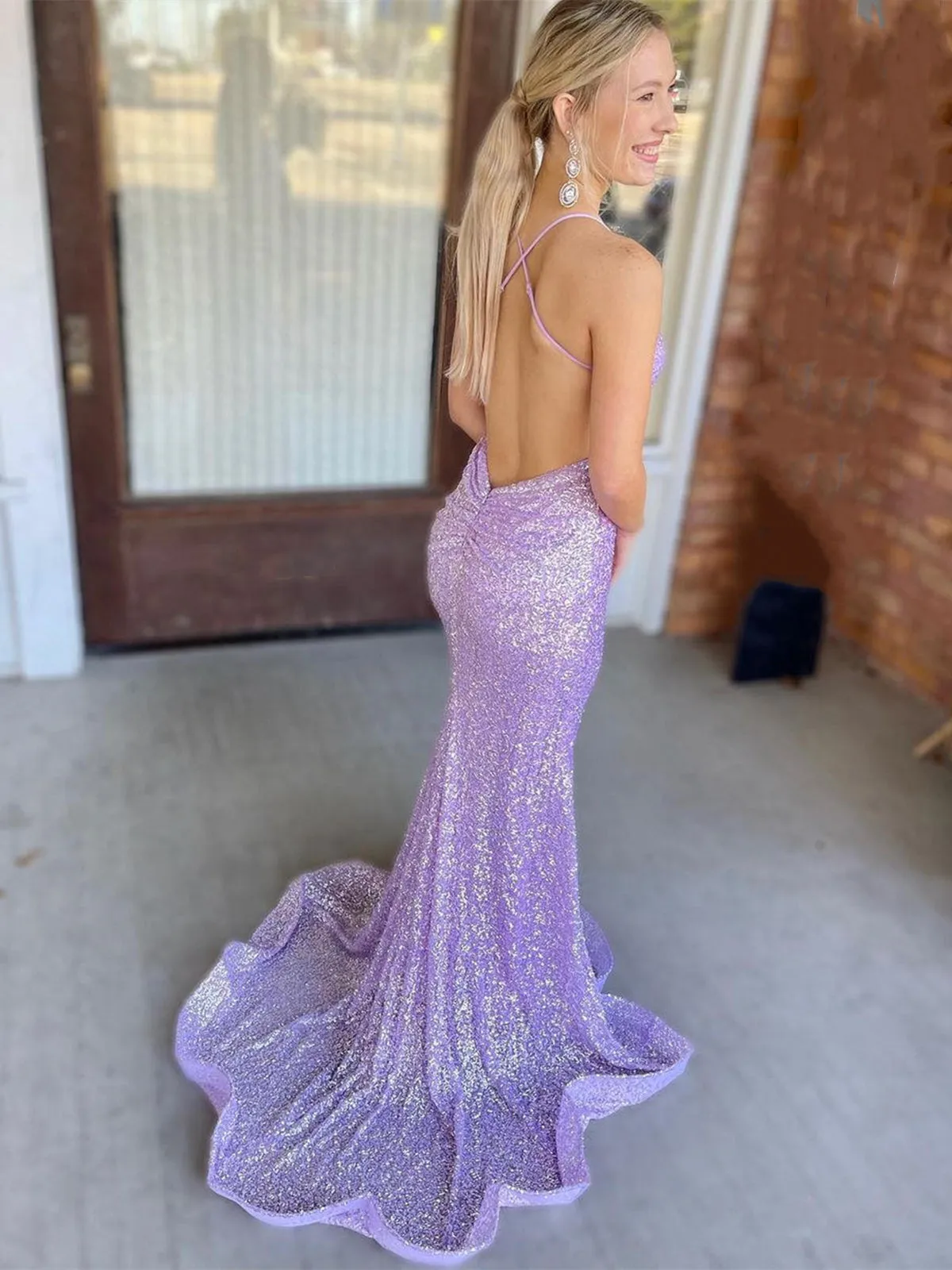 Shiny Sequins V Neck Backless Mermaid Lilac Long Prom Dresses, Mermaid Purple Formal Dresses, Lavender Evening Dresses