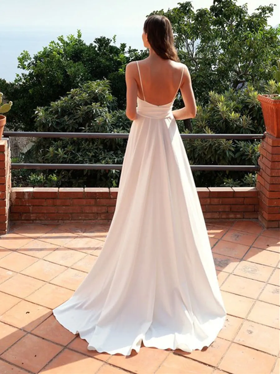 Simple V Neck Backless White Satin Long Prom with Slit, Backless White Formal, White Evening