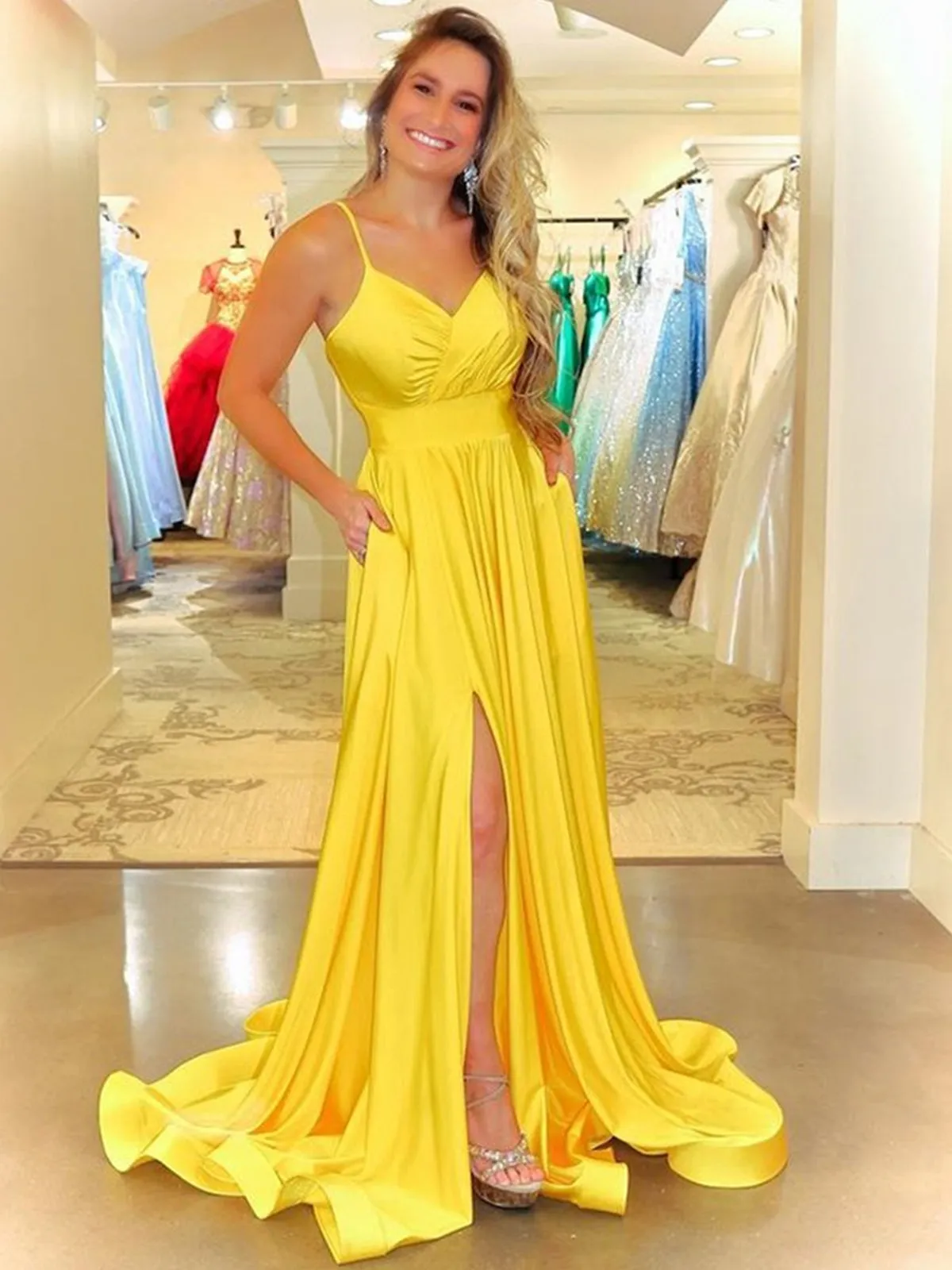 Simple V Neck Backless Yellow Satin Long Prom with Slit, Long Yellow Formal Evening