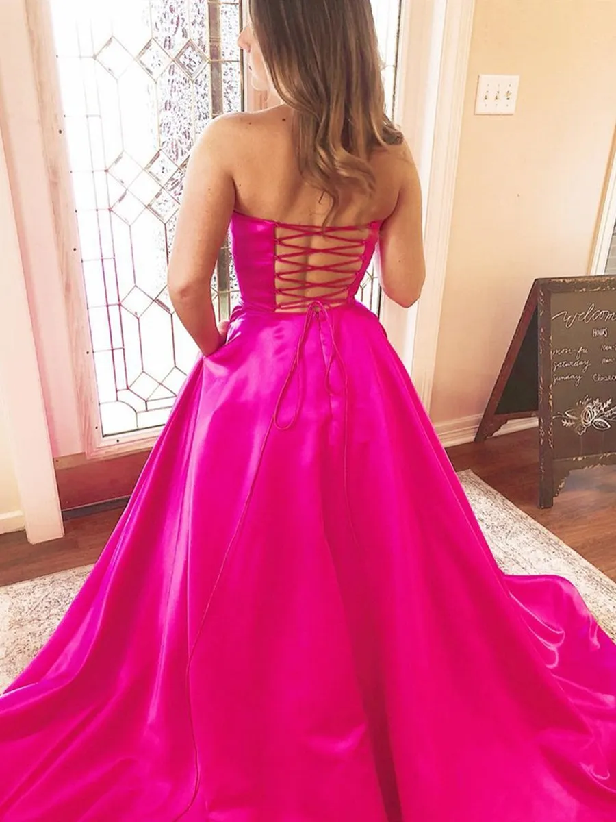 Strapless Fuchsia Satin Long Prom with Pocket, Hot Pink Long Formal Evening