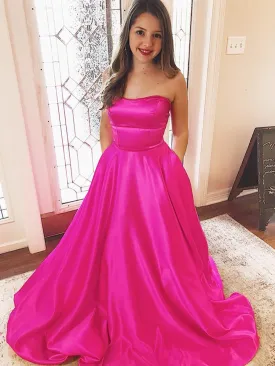 Strapless Fuchsia Satin Long Prom with Pocket, Hot Pink Long Formal Evening