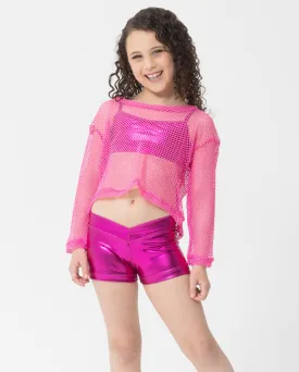 Studio 7, LONG SLEEVE FISHNET CROP, Hot Pink, Childs, CHCT17