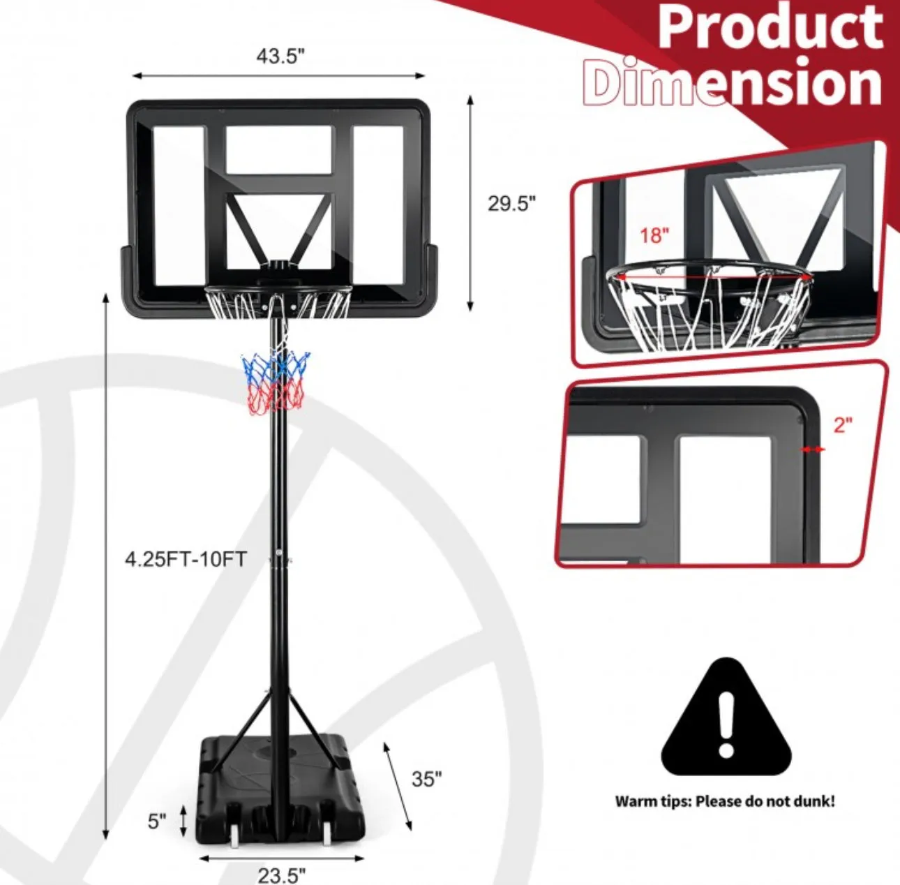 Super Fun Heavy Duty Adjustable Portable Basketball Net Hoop Stand | Shatterproof Backboard | Wheels | 4FT-10FT