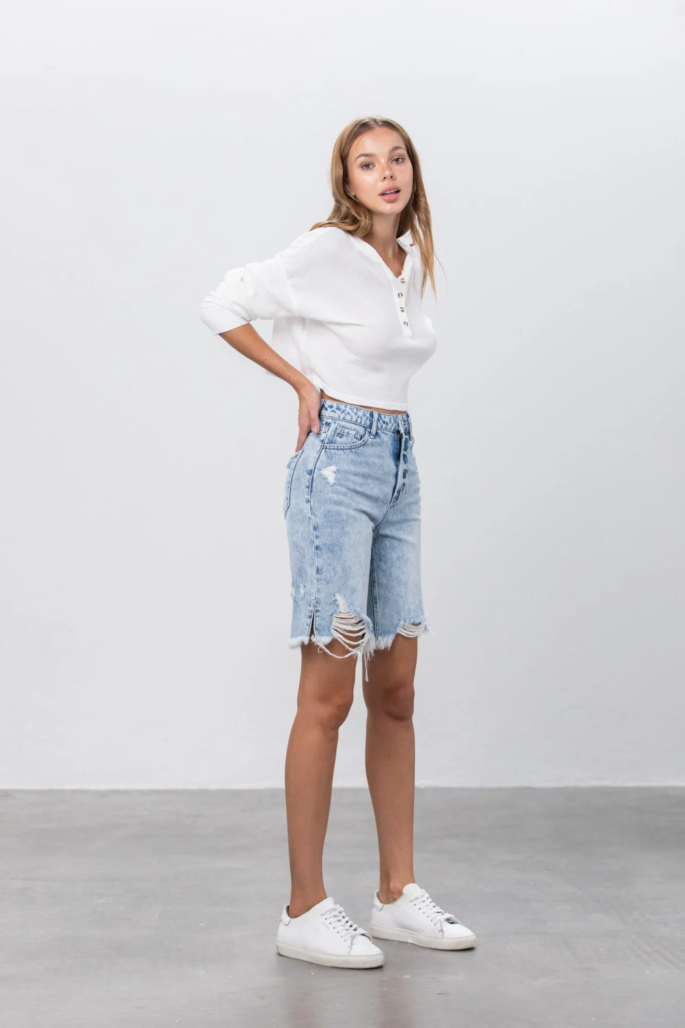 Take No Slit Distressed Bermudas