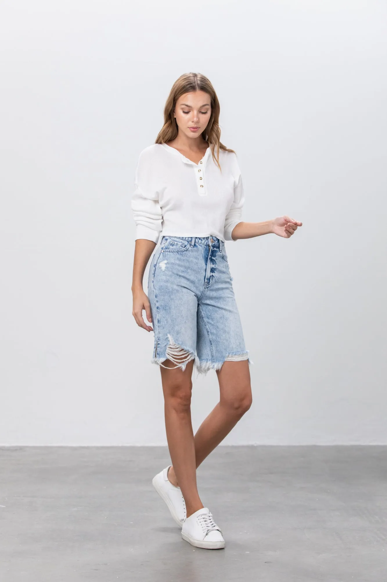 Take No Slit Distressed Bermudas