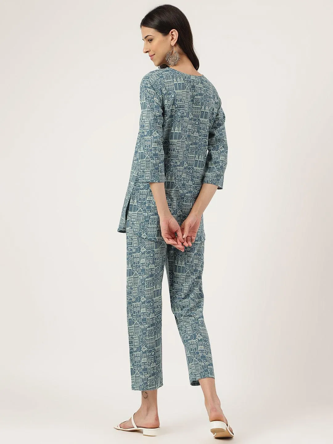 Teal Blue Printed Loungewear/Nightwear