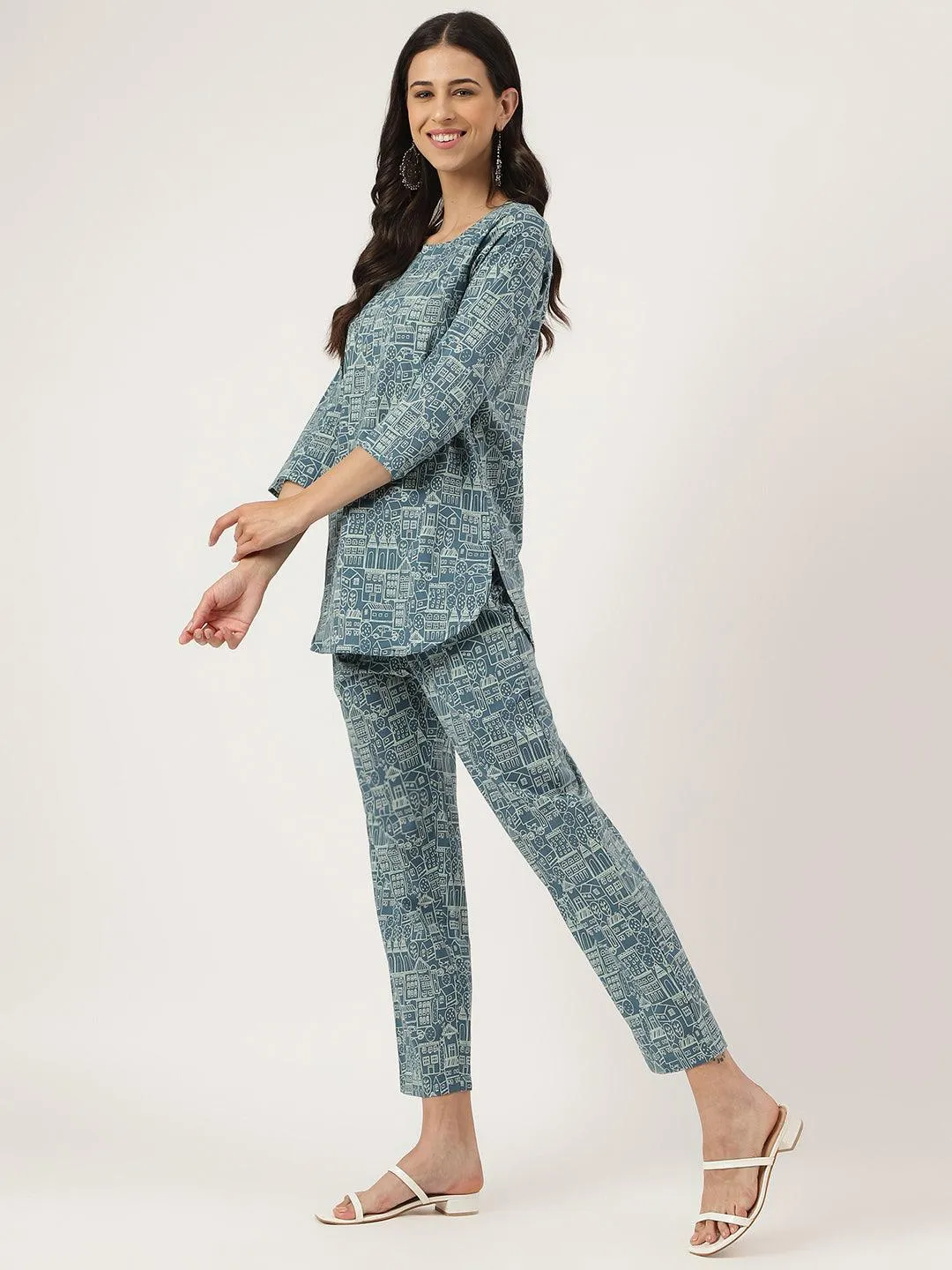 Teal Blue Printed Loungewear/Nightwear