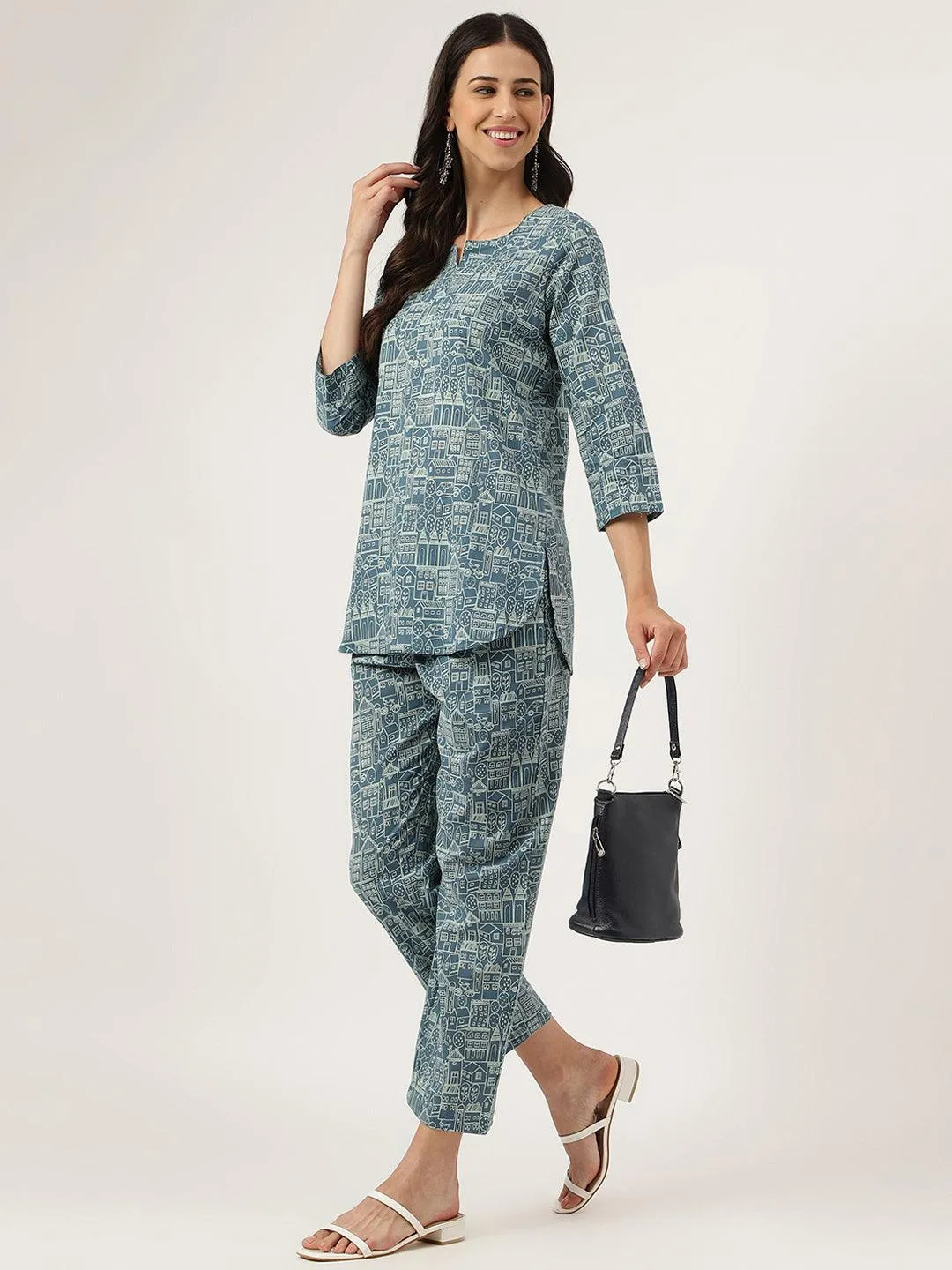 Teal Blue Printed Loungewear/Nightwear