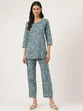 Teal Blue Printed Loungewear/Nightwear