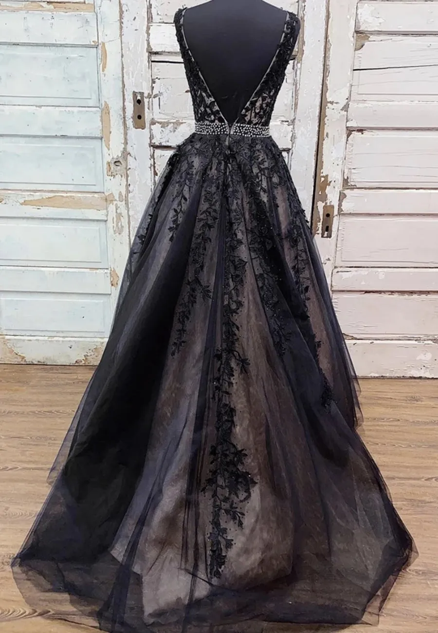 V Neck Backless Black Lace Long Prom, Backless Black Formal, Black Lace Evening