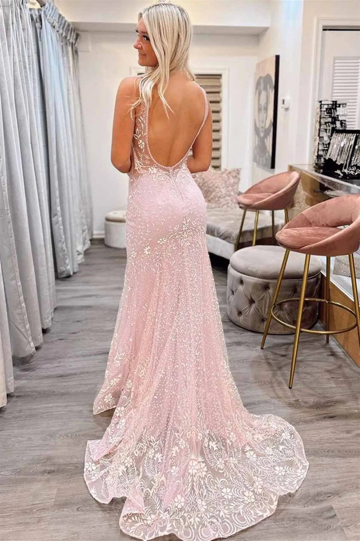 V Neck Mermaid Backless Pink Lace Long Prom Dress, Mermaid Pink Formal Dress, Pink Lace Evening Dress A1549