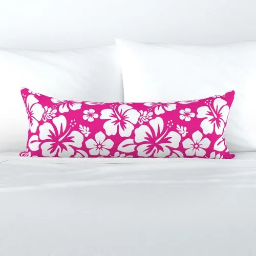 White and Hot Pink Hawaiian Flowers Extra Long Lumbar Throw Pillow