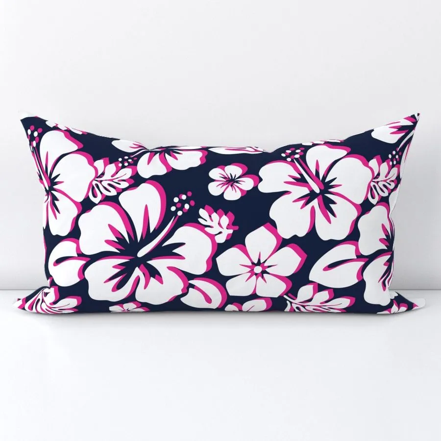 White and Hot Pink Hawaiian Flowers on Navy Blue Lumbar Throw Pillow