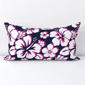 White and Hot Pink Hawaiian Flowers on Navy Blue Lumbar Throw Pillow