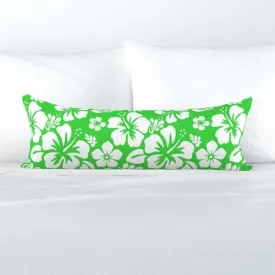 White and Lime Green Hawaiian Flowers Extra Long Lumbar Throw Pillow