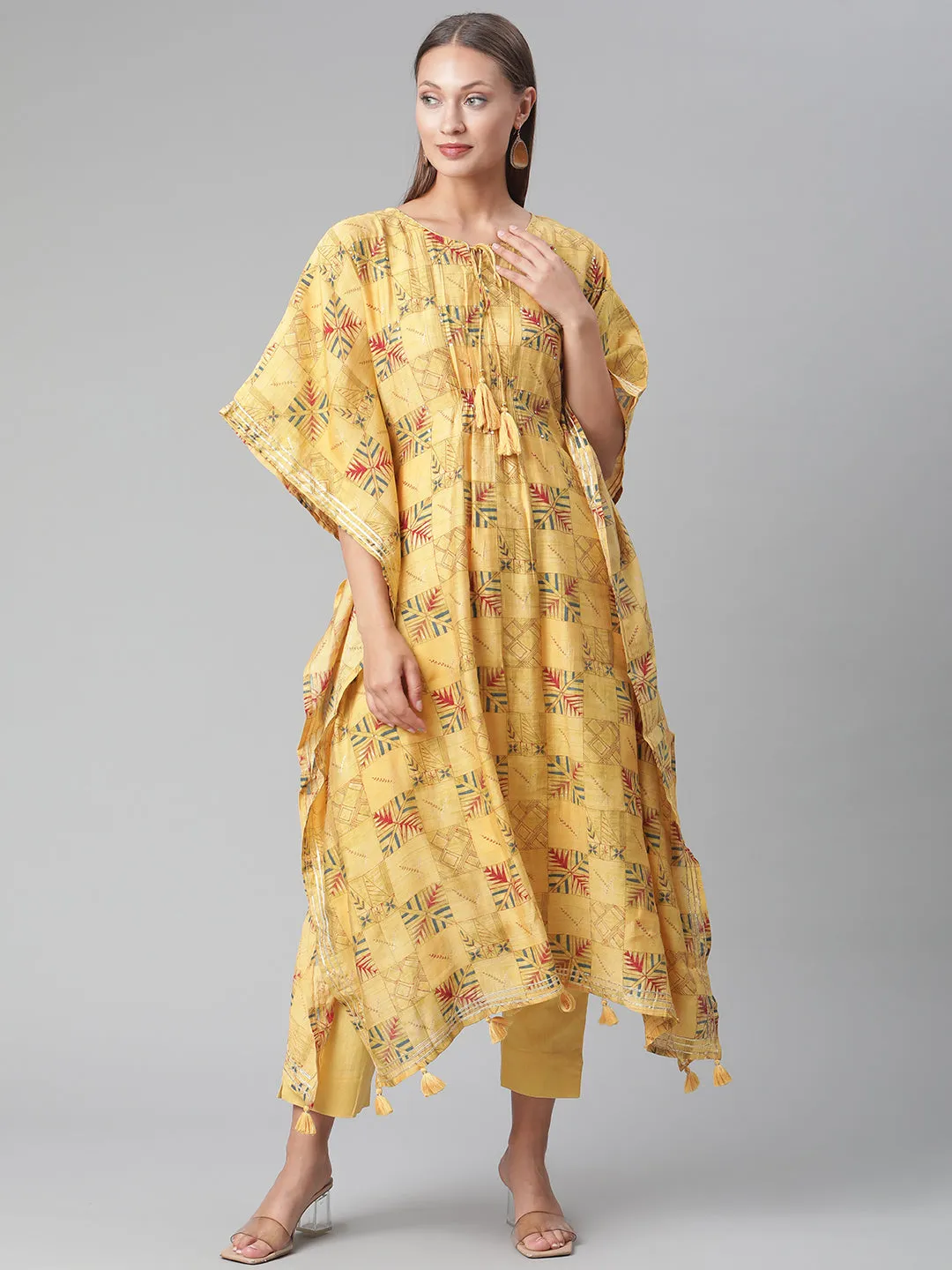 Women'S Yellow Rayon Kaftan Pant Set