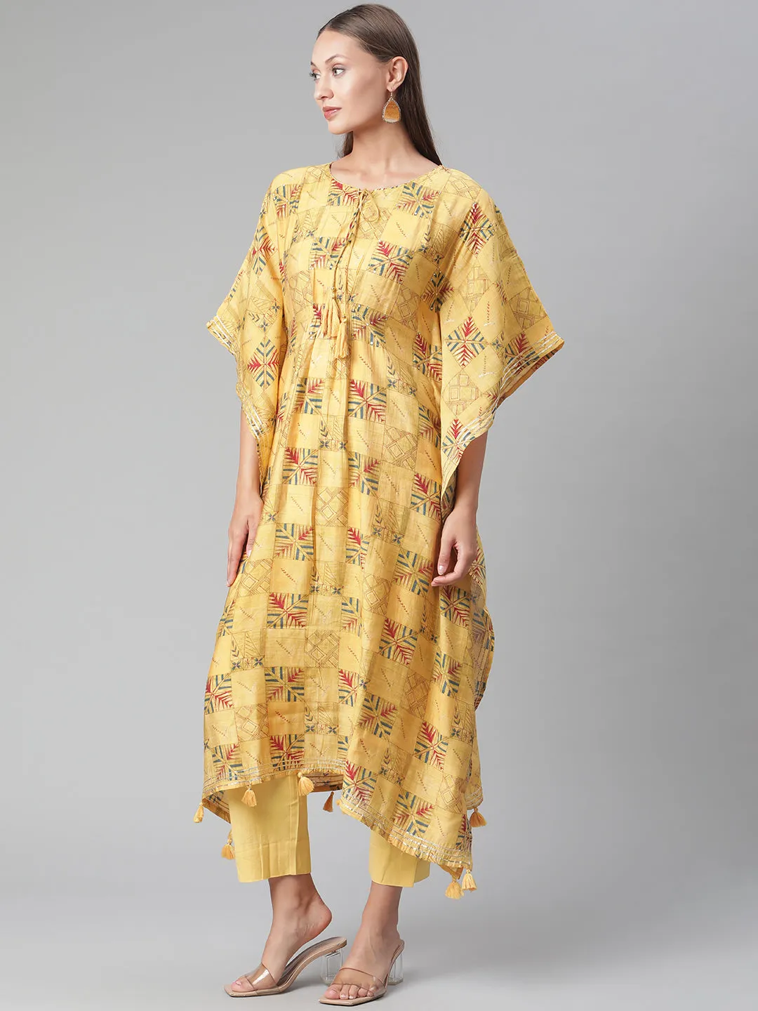 Women'S Yellow Rayon Kaftan Pant Set